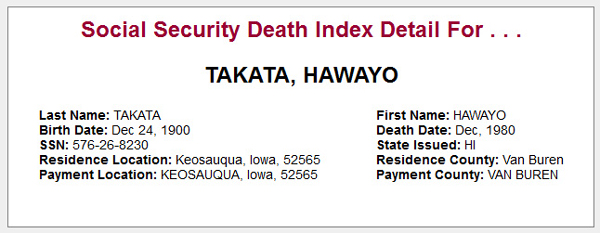 Hawayo Takata - Social Security Death Index